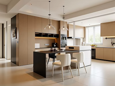 Bright Modern Home Dining Area With Wooden Cabinets Kitchen Island And Stylish Comfortable Dining Chairs 3d model