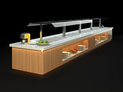 Modern Food Service Counter With Wooden Cabinet White Countertop Transparent Cover And Food 3d model