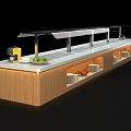 Modern Food Service Counter With Wooden Cabinet White Countertop Transparent Cover And Food