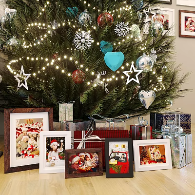 Photo Frames With Holiday Photos By Christmas Tree Decorated With Lights And Ornaments 3d model