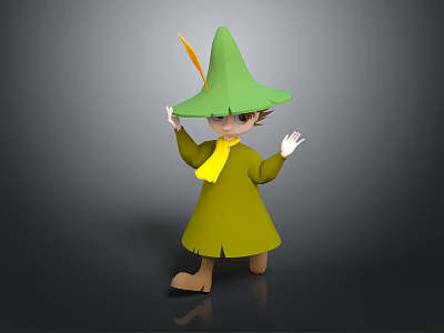 Cute Girl Character Wearing Green Pointed Hat Yellow Feather Yellow Scarf Green Dress And Brown Shoes 3d model