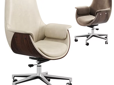 Modern Desk Chair Set With Beige Brown Leather And Wooden Armrests Metal Base 3d model
