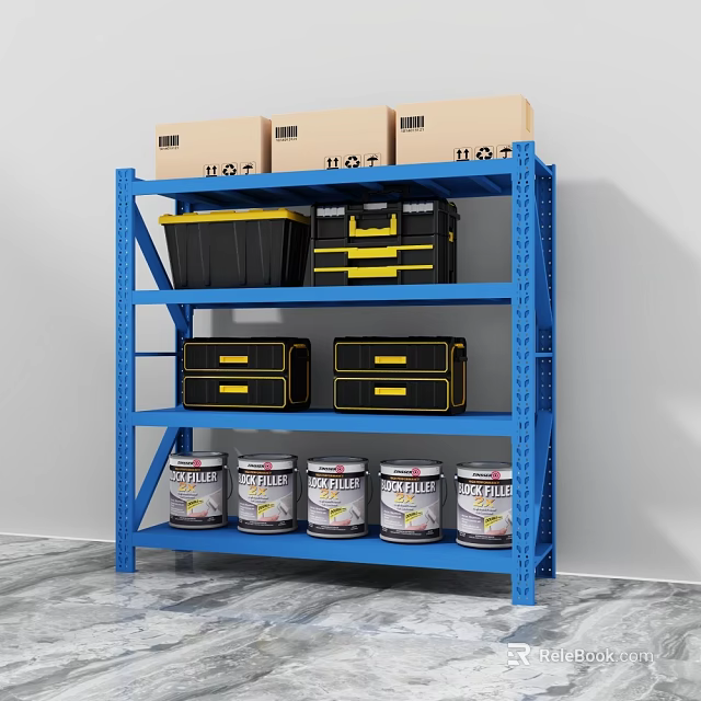 Blue Storage Rack With Multiple Tiers Holding Cardboard Boxes Black Storage Boxes And Cans 3d model 