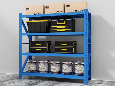 Blue Storage Rack With Multiple Tiers Holding Cardboard Boxes Black Storage Boxes And Cans 3d model