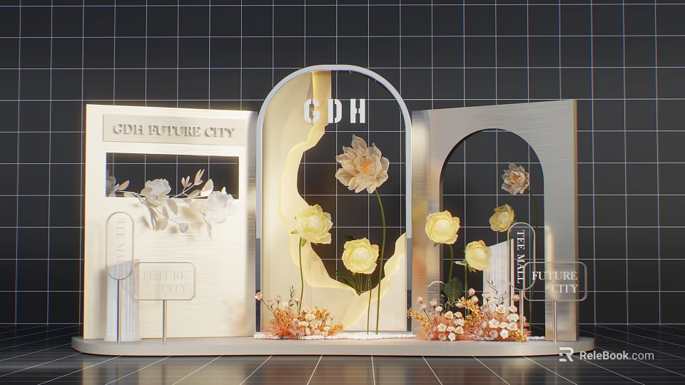 Interactive Zone in GPL Future City with Arched Structures Yellow Flowers and Decorative Elements 3d model