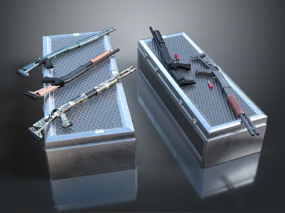 Weapons Including Rifles And Pistols Inside And Outside Silver Grid Texture Metal Cases 3d model