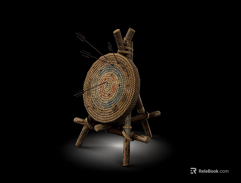 Traditional Archery Range Featuring Woven Target on Wooden Stand with Arrows 3d model 
