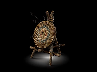 Traditional Archery Range Featuring Woven Target on Wooden Stand with Arrows 3d model
