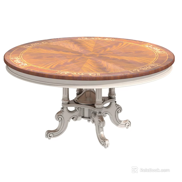 Round Wooden Dining Table With Ornate Pattern Decorative Edge And Silver Metal Legs 3d model 