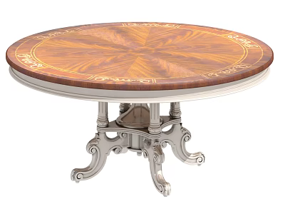 Round Wooden Dining Table With Ornate Pattern Decorative Edge And Silver Metal Legs 3d model