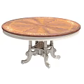 Round Wooden Dining Table With Ornate Pattern Decorative Edge And Silver Metal Legs