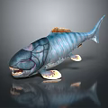 Blue Gray Striped Aquatic Animal With Large Mouth And Unique Fins