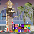 Spiritual Fortress Landmark With Tall Arrow Structure Colorful Cube Base Palm Trees And City Skyline