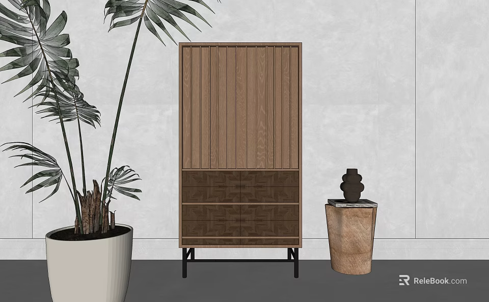 Wooden Entryway Side Cabinet With Vertical Slats Black Legs Near Large Green Plant Decorative Vase 3d model 