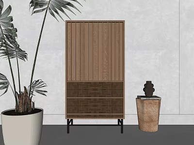 Wooden Entryway Side Cabinet With Vertical Slats Black Legs Near Large Green Plant Decorative Vase 3d model