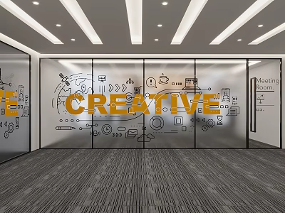 Glass Wall Decorated With Creative Doodles In Modern Office Interior 3d model