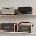 Retro Style Decorative Ornament Set With Vintage Radios And Marshall Speakers On Shelves