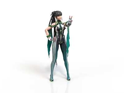 Anime Female Character In Green Black Outfit With Twin Ponytails Making Peace Sign 3d model