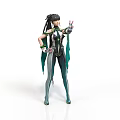 Anime Female Character In Green Black Outfit With Twin Ponytails Making Peace Sign