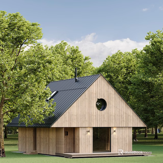Rustic Wooden House With Black Metal Roof Circular Window And Green Trees 3d model 
