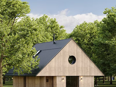 Rustic Wooden House With Black Metal Roof Circular Window And Green Trees 3d model