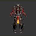 Game Movie Character in Red and Gold Intricate Armor with Flame Effect Standing Pose