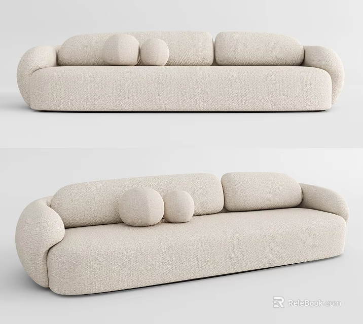 Modern Beige Textured Fabric Sectional Sofa With Round Pillows And Plush Design 3d model 