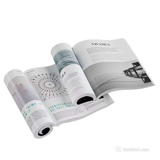 Open Magazine Pages Featuring Architectural Content Charts Text And 3d model 
