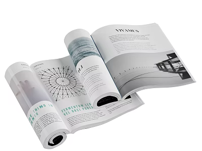 Open Magazine Pages Featuring Architectural Content Charts Text And 3d model