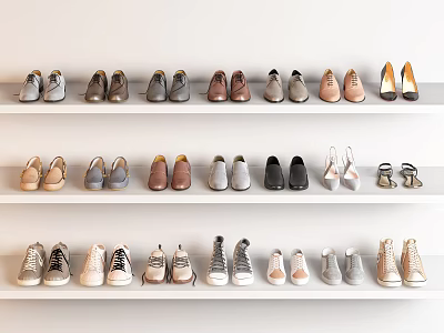 Stylish Shoes in Various Colors and Styles Displayed on White Shelves 3d model