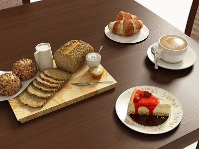 Fresh Bread Sliced Croissant Coffee Cake On Wooden Table With Board And Plates 3d model