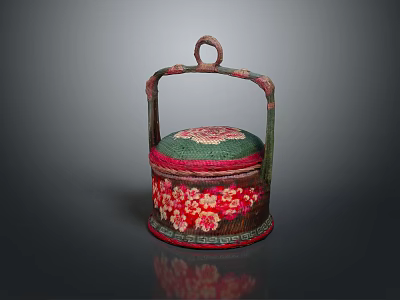 Traditional Woven Handled Storage Box Green Lid Red Body With Floral Patterns 3d model