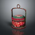 Traditional Woven Handled Storage Box Green Lid Red Body With Floral Patterns