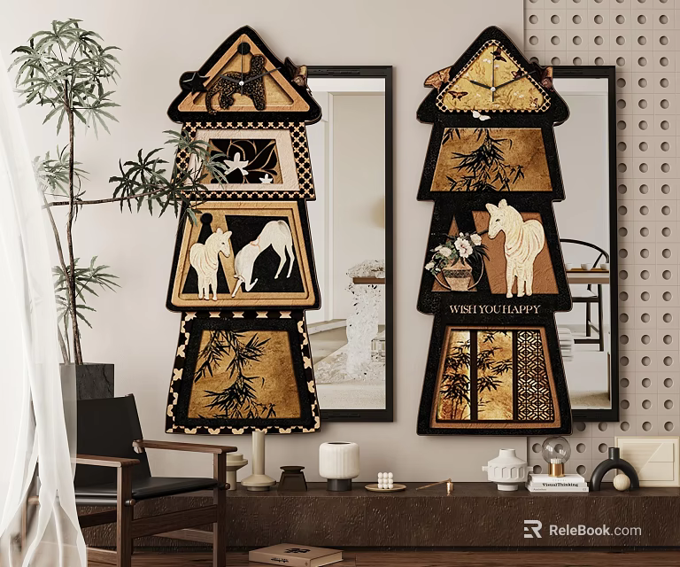 Living Room Decorative Wall Mirrors With Intricate Patterns Art Plants Chair And Wooden Frames 3d model 