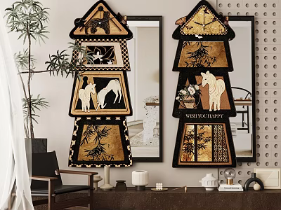 Living Room Decorative Wall Mirrors With Intricate Patterns Art Plants Chair And Wooden Frames 3d model