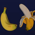 Ripe Yellow Whole Banana with Natural Skin Texture and Peeled Banana on Blue Background