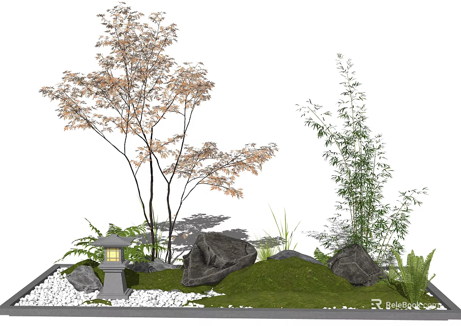 Courtyard Garden Design With Maple Trees Bamboo Rocks Grass And Stone Lantern 3d model