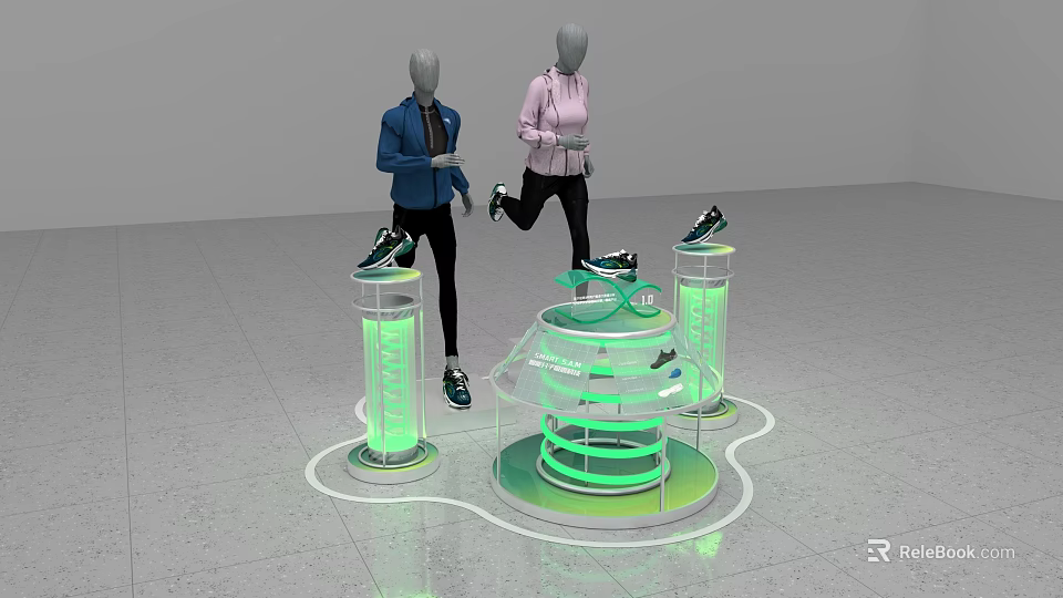 Fashion Store With Mannequins In Blue Blazer Pink Hoodie And Shoes On Green Illuminated Stands 3d model 