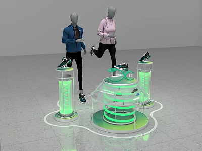 Fashion Store With Mannequins In Blue Blazer Pink Hoodie And Shoes On Green Illuminated Stands 3d model