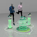 Fashion Store With Mannequins In Blue Blazer Pink Hoodie And Shoes On Green Illuminated Stands
