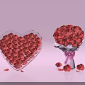 Red Roses Arranged in Heart Shaped Transparent Box and Pink Vase with Scattered Petals