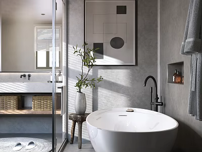 Modern Bathroom Interior With White Free Standing Bathtub Green Plant Gray Towels And Geometric Painting 3d model