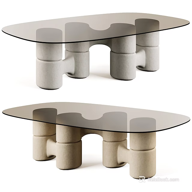 Modern Minimalist Dining Table With Glass Top And Unique Structured Block Base Design 3d model 