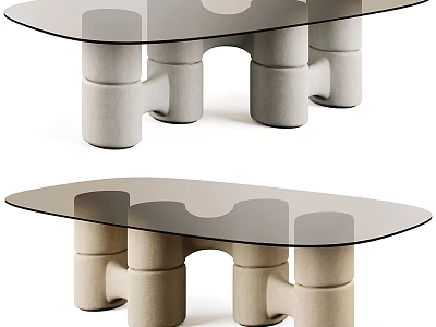Modern Minimalist Dining Table With Glass Top And Unique Structured Block Base Design 3d model