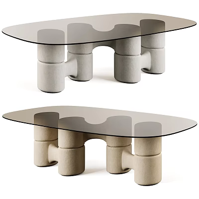 Modern Minimalist Dining Table With Glass Top And Unique Structured Block Base Design 3d model