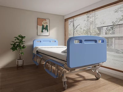 Blue Hospital Bed In Room With Wooden Floor Green Plant Blinds And Painting 3d model
