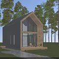 Modern Detached Villa Surrounded by Trees With Large Glass Windows Wooden Accents and Green Lawn