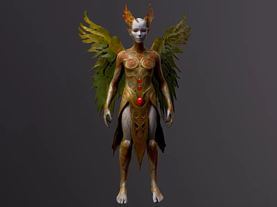 Fantasy Game Movie Character With Green Gold Wings Intricate Body Design And Red Gem 3d model