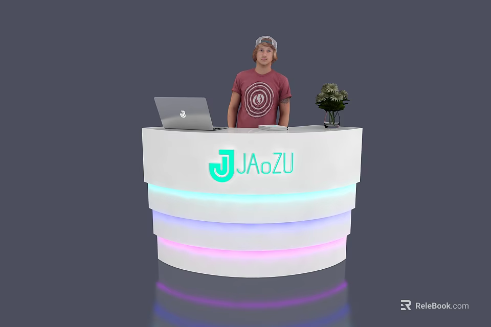 Modern White Reception Desk With LED Lights Laptop Potted Plant And JaZu Logo 3d model 