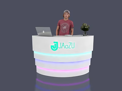 Modern White Reception Desk With LED Lights Laptop Potted Plant And JaZu Logo 3d model